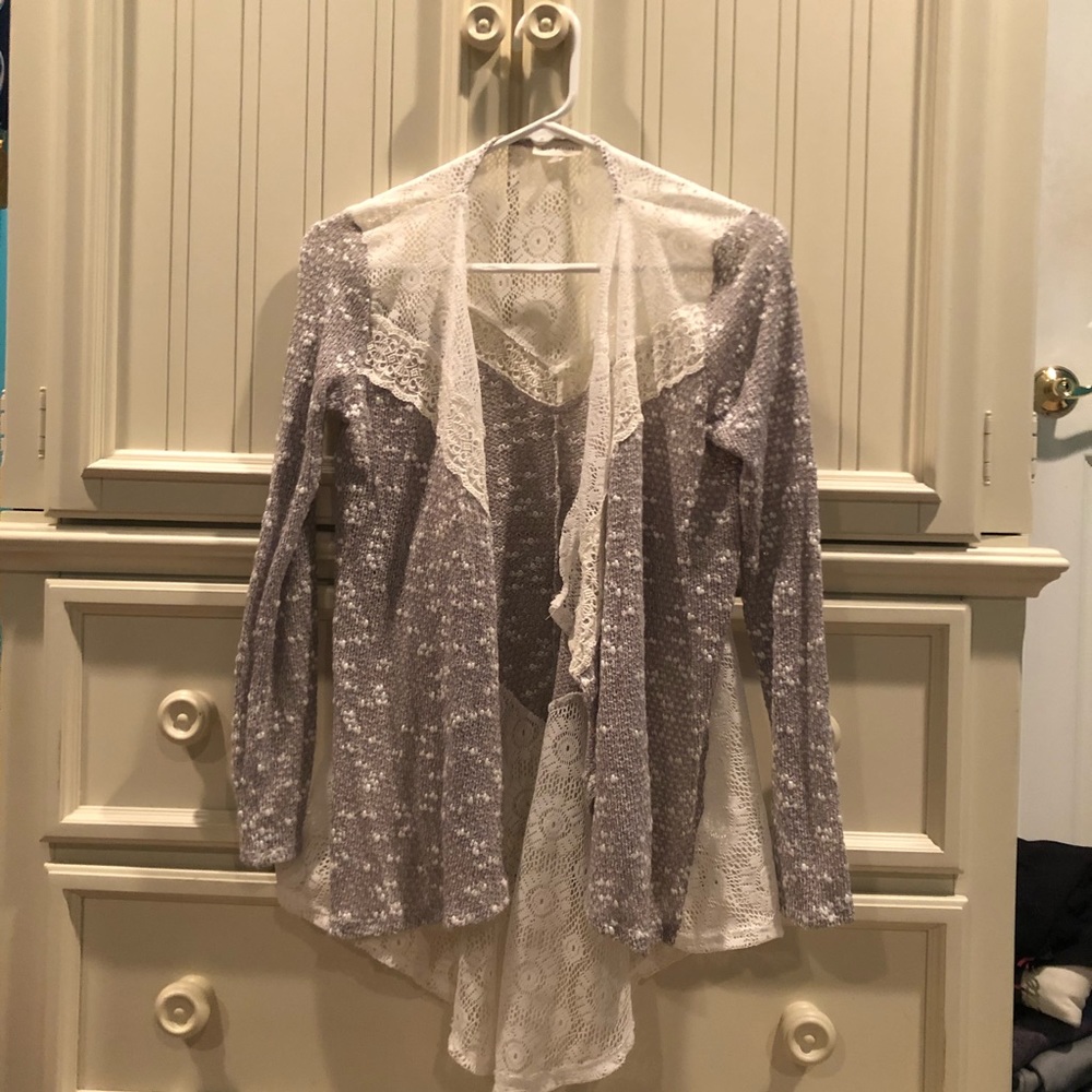 Gray and White Lace Cardigan